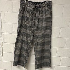 Tan Black and Brown Cropped Wide Leg Checkered Trousers with Belt